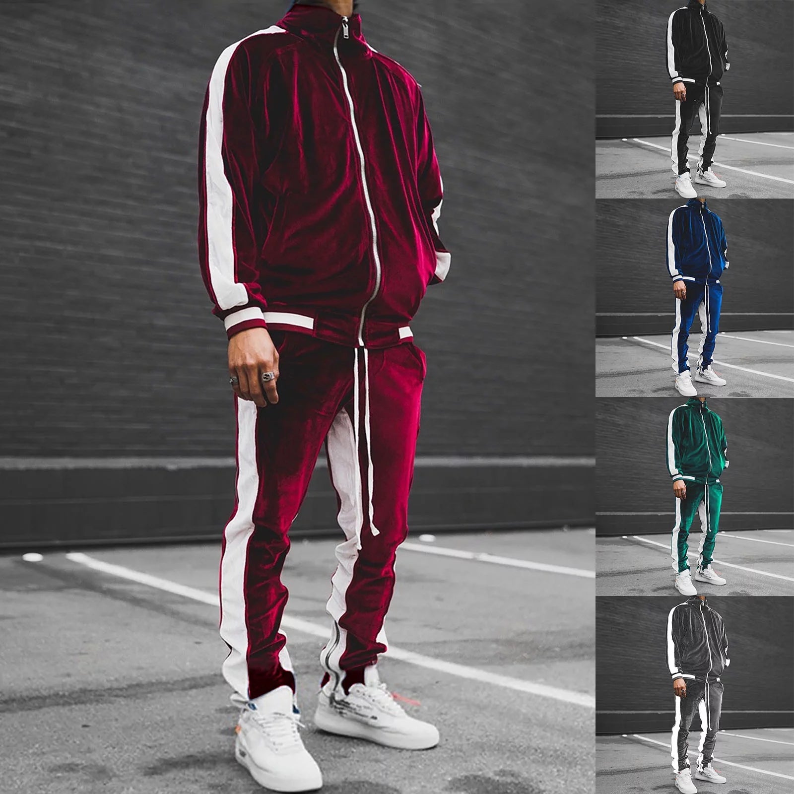 Men'S Tracksuit Full Zip Hooded Sweatshirt Sets Matching Wide Leg Cargo Pants 2 Piece Outfit Brown,Xl