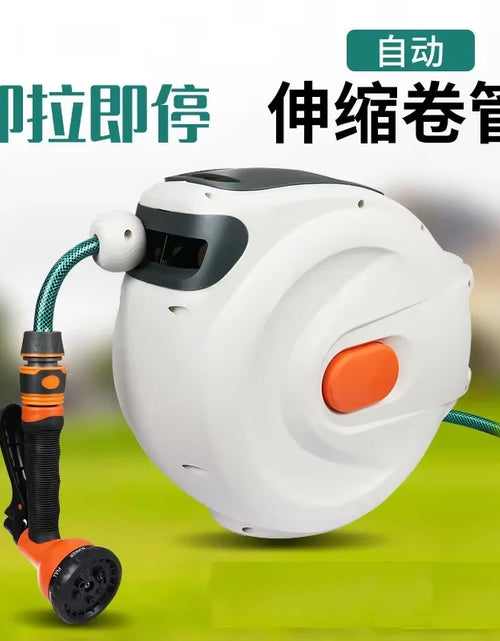 Load image into Gallery viewer, 10/20M Automatic Rewind Hose Reel with 7 Pattern Hose Nozzle Water Hose Reel Slow Return System for Car Garden
