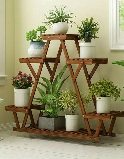 Load image into Gallery viewer, 6 Tiered Wood Plant Stand Indoor Outdoor Carbonized Triangle Corner Plant Rack
