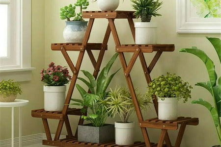 6 Tiered Wood Plant Stand Indoor Outdoor Carbonized Triangle Corner Plant Rack