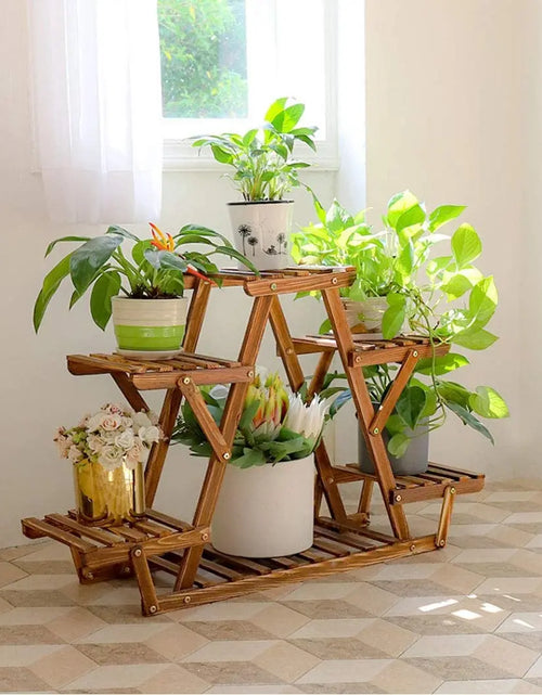 Load image into Gallery viewer, 6 Tiered Wood Plant Stand Indoor Outdoor Carbonized Triangle Corner Plant Rack
