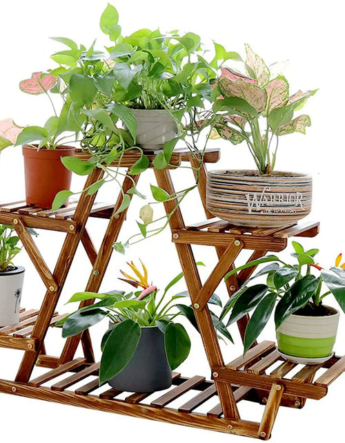 Load image into Gallery viewer, 6 Tiered Wood Plant Stand Indoor Outdoor Carbonized Triangle Corner Plant Rack
