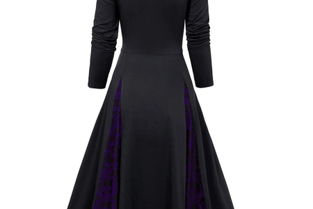 Gothic Dresses Women Long Sleeve Low Cut Lace Splicing Long Dress Dark Punk Court Style Tie Waist Buttons Up A-Line Maxi Dress
