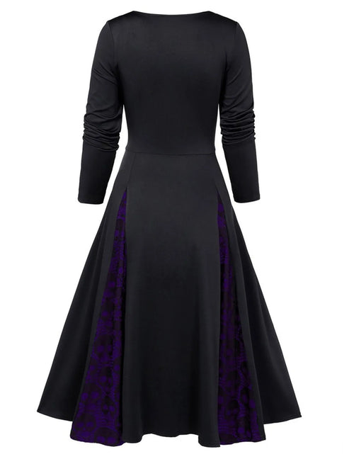 Load image into Gallery viewer, Gothic Dresses Women Long Sleeve Low Cut Lace Splicing Long Dress Dark Punk Court Style Tie Waist Buttons Up A-Line Maxi Dress
