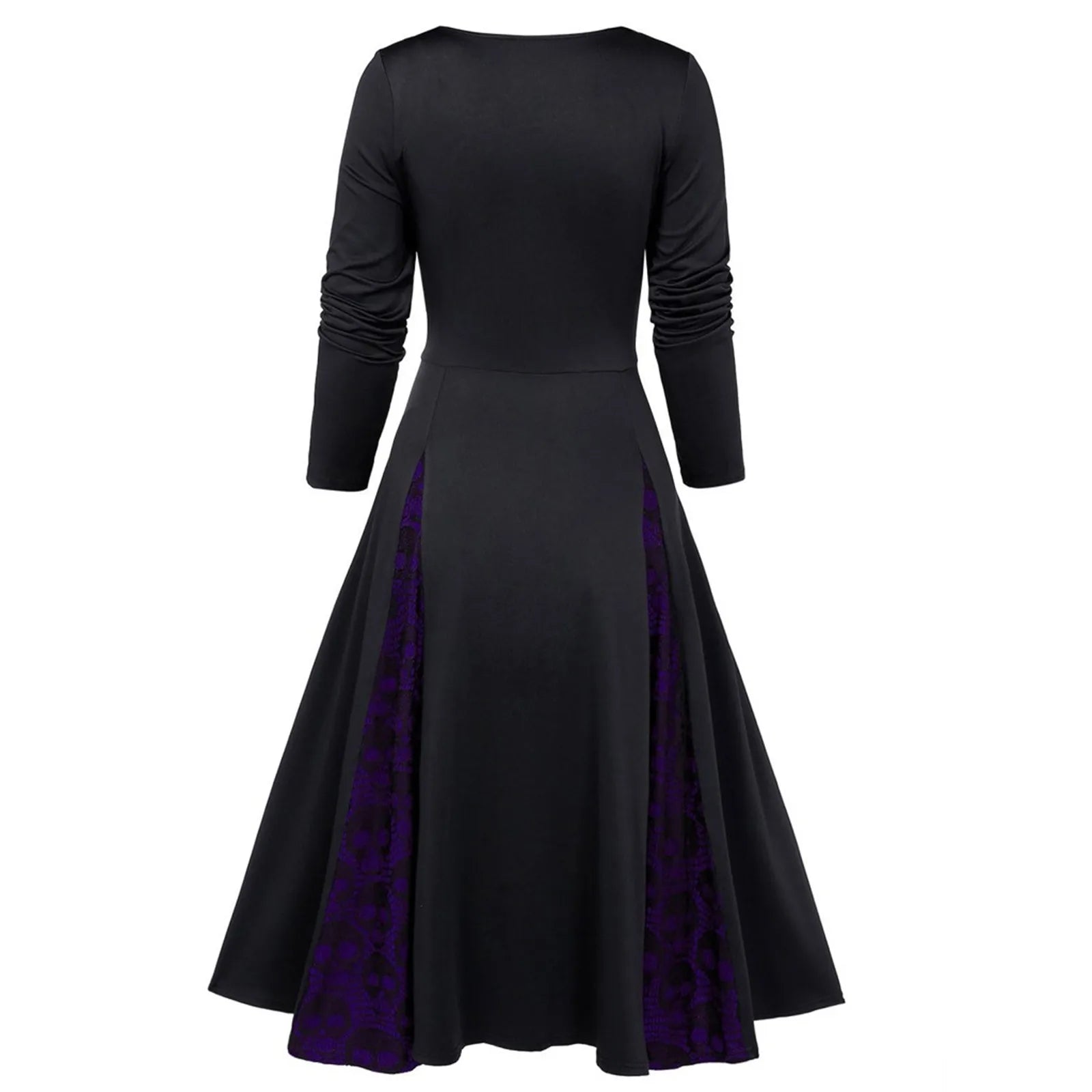 Gothic Dresses Women Long Sleeve Low Cut Lace Splicing Long Dress Dark Punk Court Style Tie Waist Buttons Up A-Line Maxi Dress