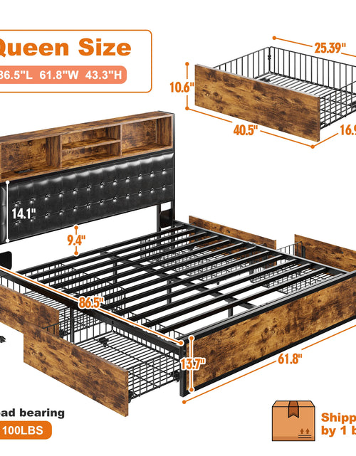 Load image into Gallery viewer, EnHomee Full/Queen/King Bed Frame with Charging Station and 4 Storage Drawers Platform Bed Frame with Upholstered Headboard No Noise
