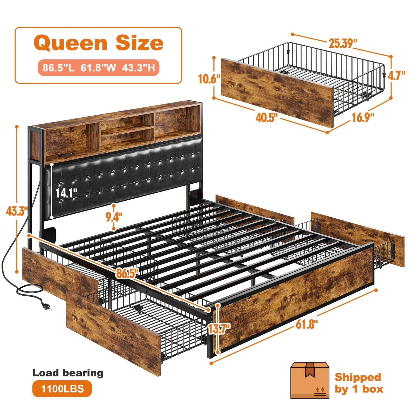 EnHomee Full/Queen/King Bed Frame with Charging Station and 4 Storage Drawers Platform Bed Frame with Upholstered Headboard No Noise