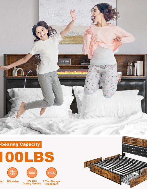 Load image into Gallery viewer, EnHomee Full/Queen/King Bed Frame with Charging Station and 4 Storage Drawers Platform Bed Frame with Upholstered Headboard No Noise
