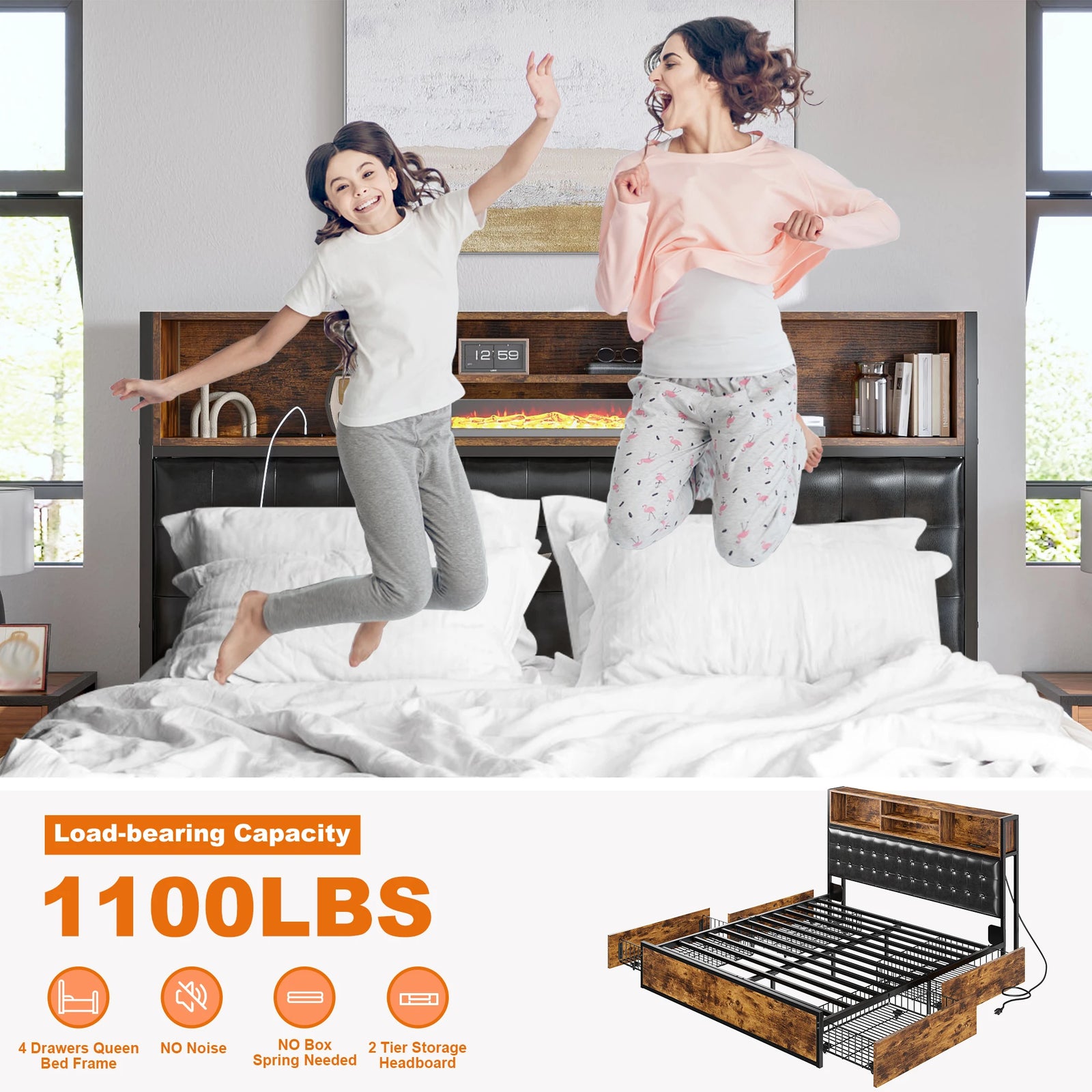 EnHomee Full/Queen/King Bed Frame with Charging Station and 4 Storage Drawers Platform Bed Frame with Upholstered Headboard No Noise