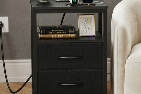 JHK 2 Fabric Drawers Night Stand with Open Shelf Bedside Table with USB Ports Charging Station Storage End Table for Living Room