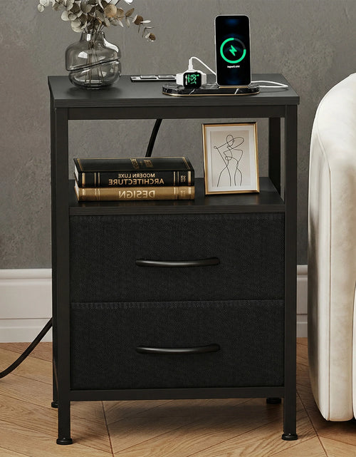 Load image into Gallery viewer, JHK 2 Fabric Drawers Night Stand with Open Shelf Bedside Table with USB Ports Charging Station Storage End Table for Living Room
