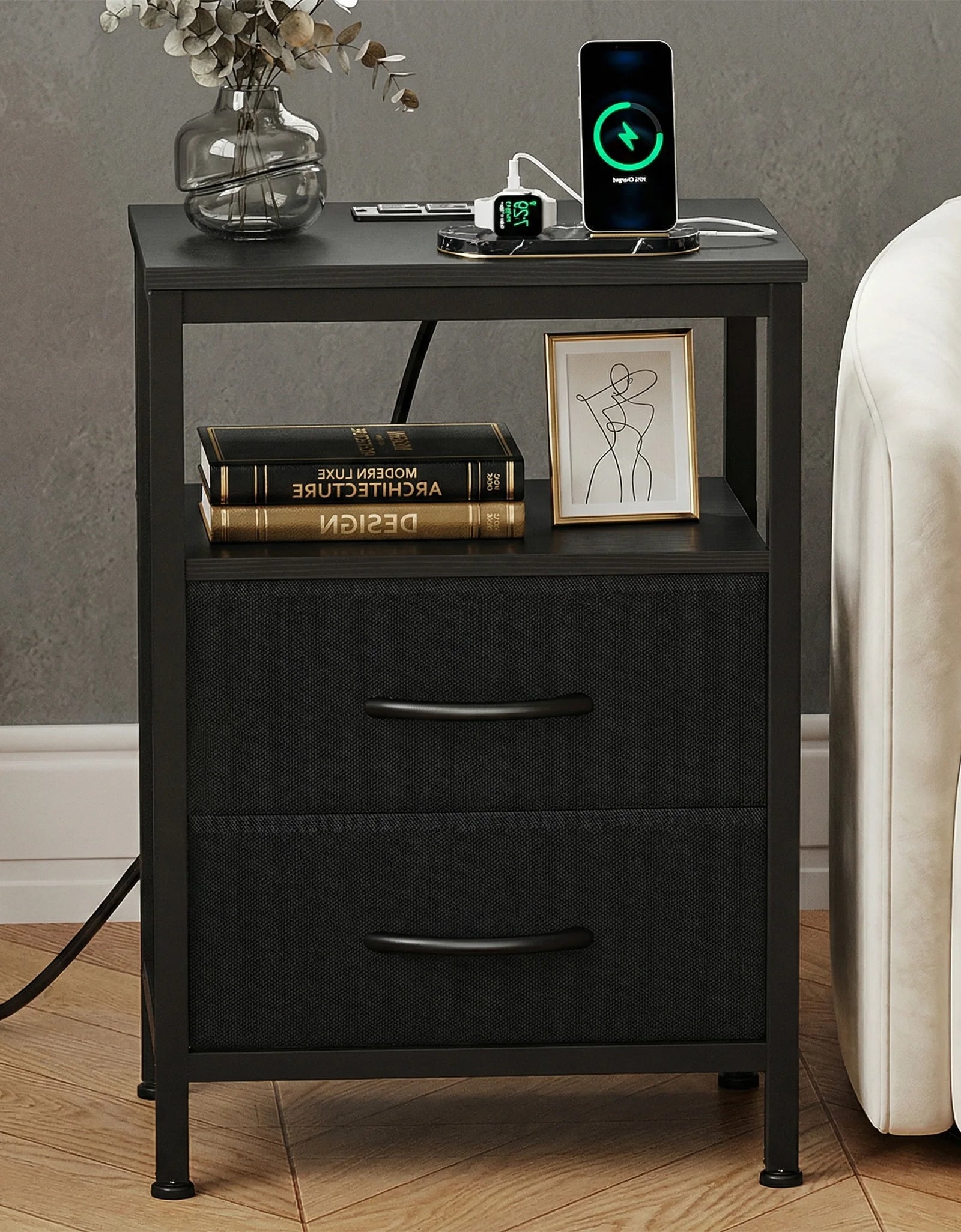 JHK 2 Fabric Drawers Night Stand with Open Shelf Bedside Table with USB Ports Charging Station Storage End Table for Living Room