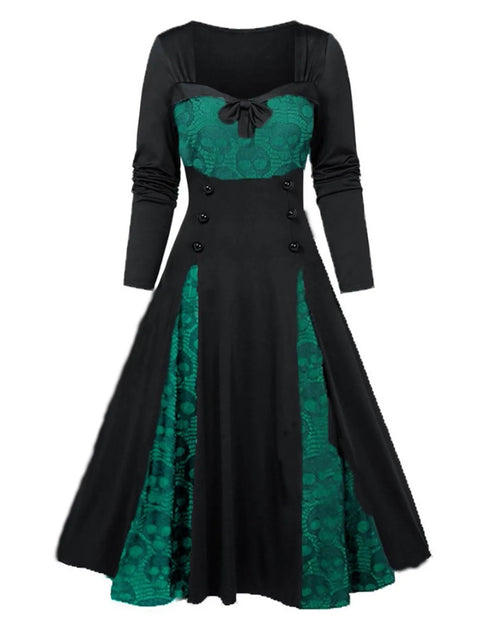 Load image into Gallery viewer, Gothic Dresses Women Long Sleeve Low Cut Lace Splicing Long Dress Dark Punk Court Style Tie Waist Buttons Up A-Line Maxi Dress
