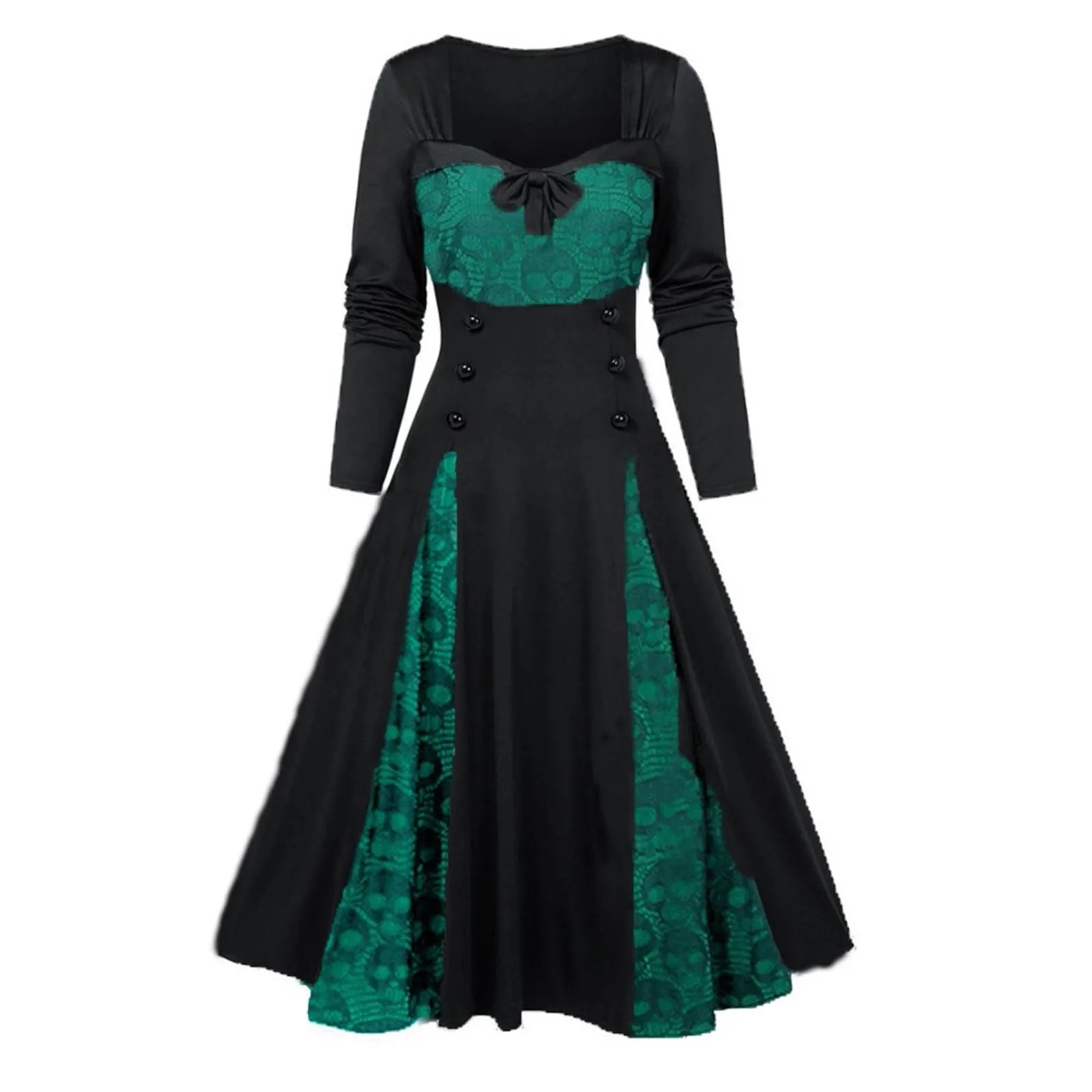 Gothic Dresses Women Long Sleeve Low Cut Lace Splicing Long Dress Dark Punk Court Style Tie Waist Buttons Up A-Line Maxi Dress