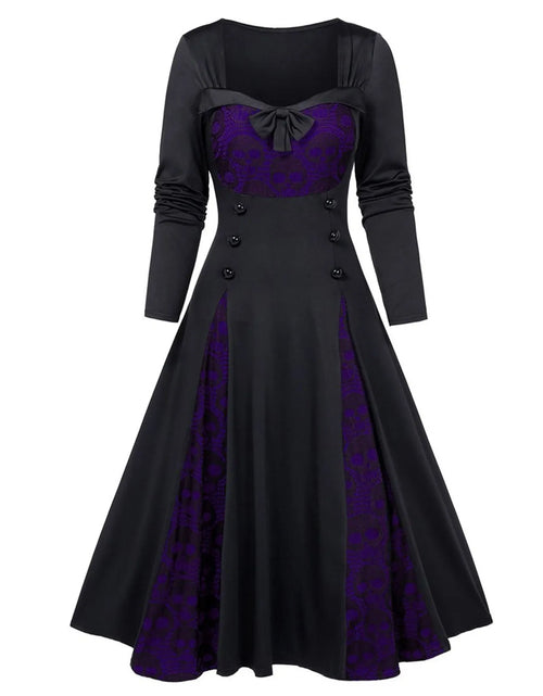 Load image into Gallery viewer, Gothic Dresses Women Long Sleeve Low Cut Lace Splicing Long Dress Dark Punk Court Style Tie Waist Buttons Up A-Line Maxi Dress
