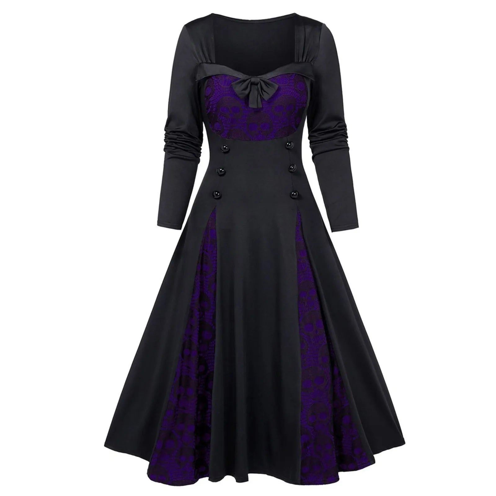 Gothic Dresses Women Long Sleeve Low Cut Lace Splicing Long Dress Dark Punk Court Style Tie Waist Buttons Up A-Line Maxi Dress