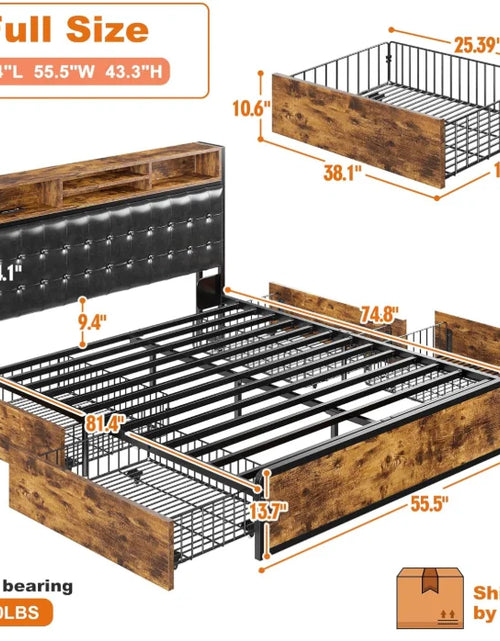 Load image into Gallery viewer, EnHomee Full/Queen/King Bed Frame with Charging Station and 4 Storage Drawers Platform Bed Frame with Upholstered Headboard No Noise
