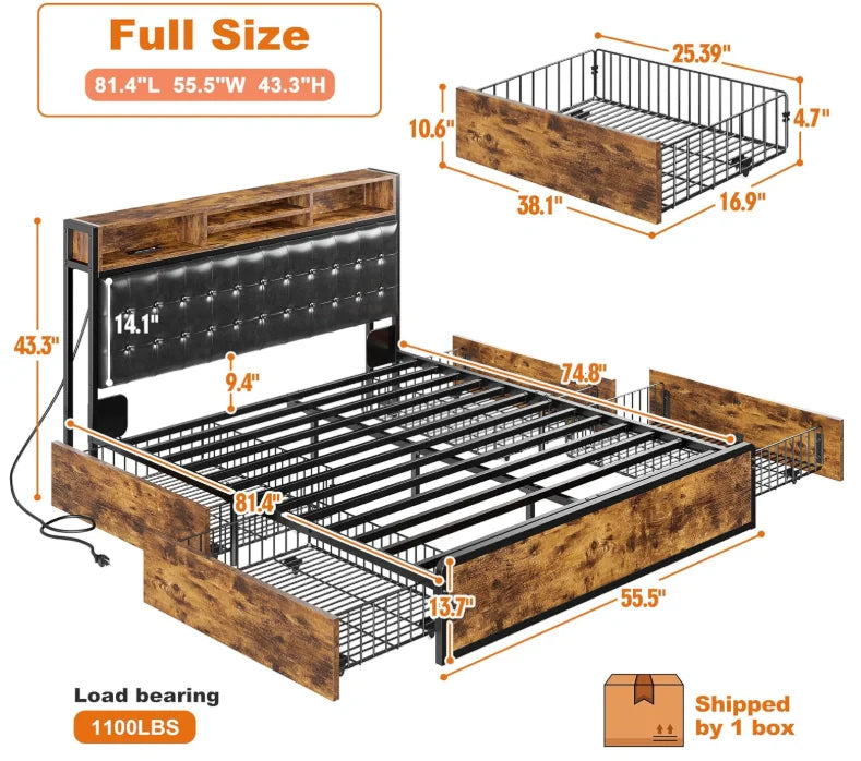 EnHomee Full/Queen/King Bed Frame with Charging Station and 4 Storage Drawers Platform Bed Frame with Upholstered Headboard No Noise