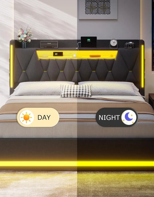 Load image into Gallery viewer, King Size Bed Frame With LED Lights &amp; Charging Station, LED King Bed With Hidden Space And 2-Tier Shelves,, Customized
