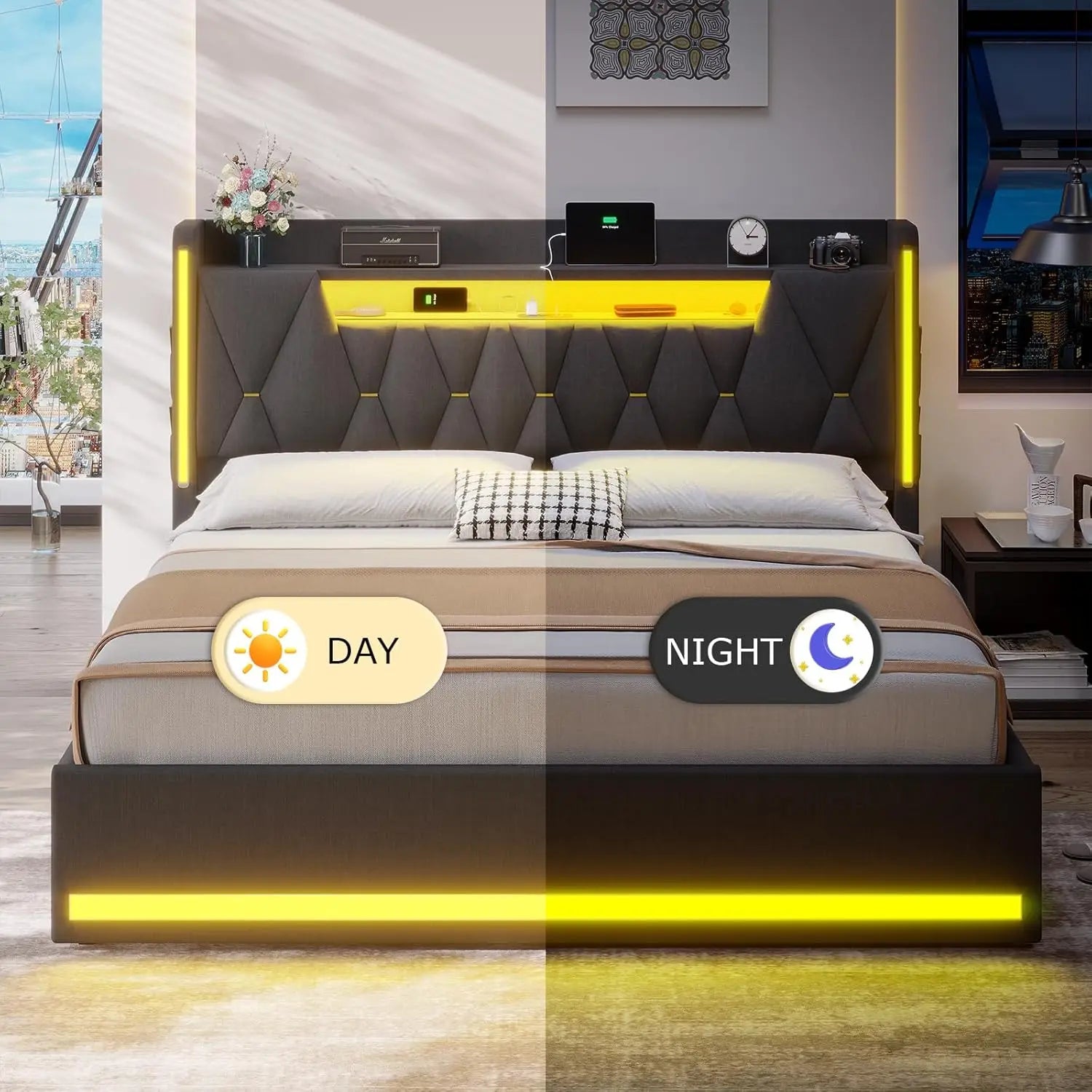 King Size Bed Frame With LED Lights & Charging Station, LED King Bed With Hidden Space And 2-Tier Shelves,, Customized