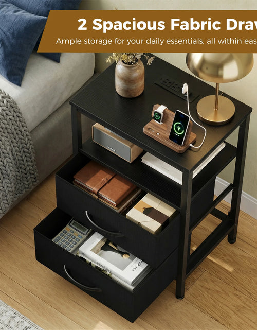 Load image into Gallery viewer, JHK 2 Fabric Drawers Night Stand with Open Shelf Bedside Table with USB Ports Charging Station Storage End Table for Living Room
