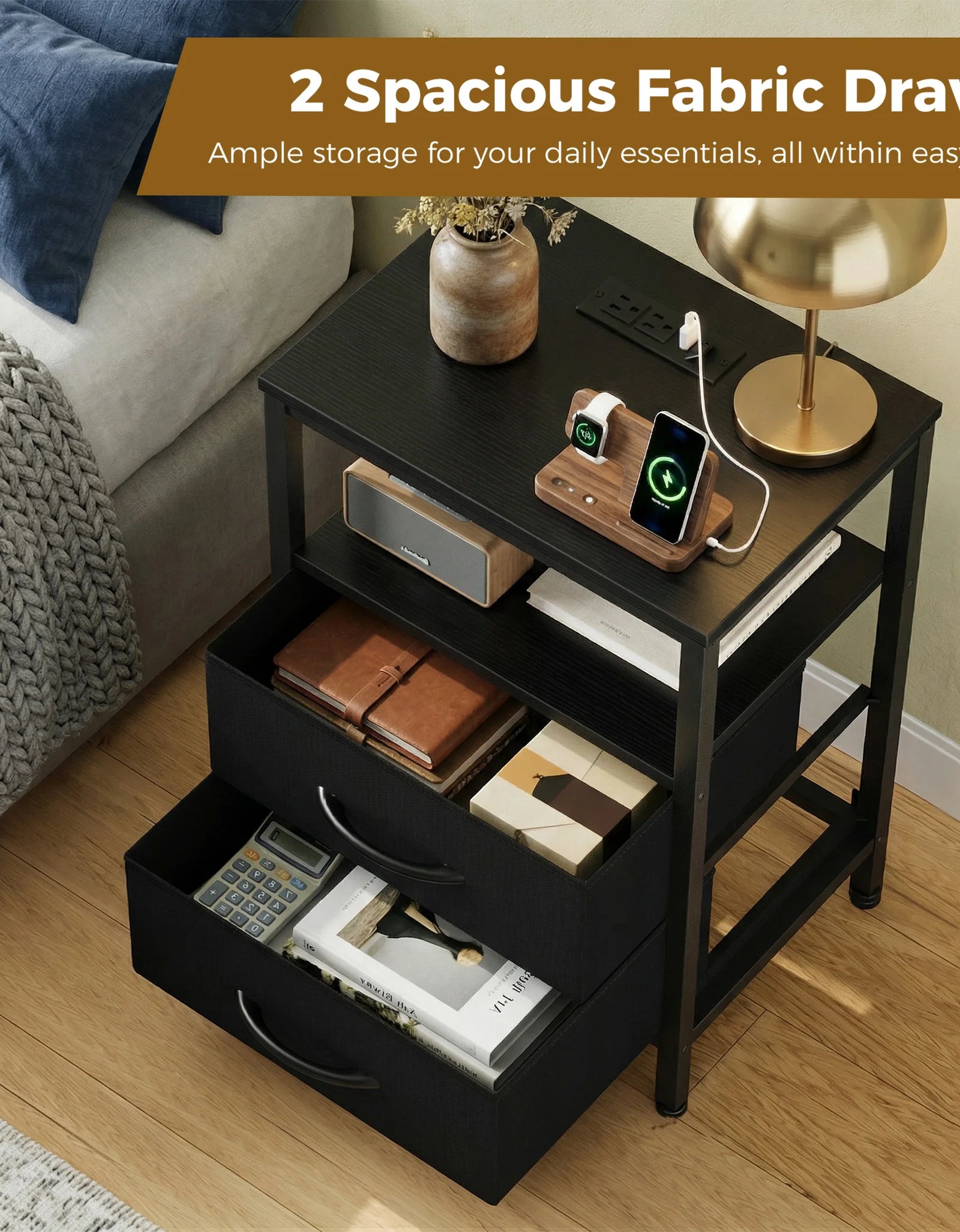 JHK 2 Fabric Drawers Night Stand with Open Shelf Bedside Table with USB Ports Charging Station Storage End Table for Living Room