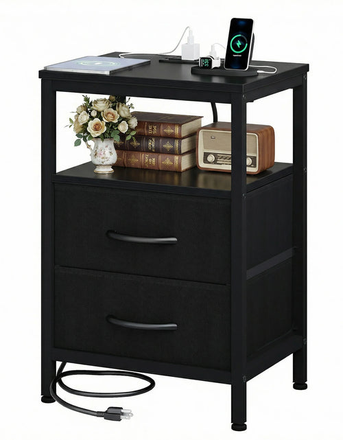 Load image into Gallery viewer, JHK 2 Fabric Drawers Night Stand with Open Shelf Bedside Table with USB Ports Charging Station Storage End Table for Living Room
