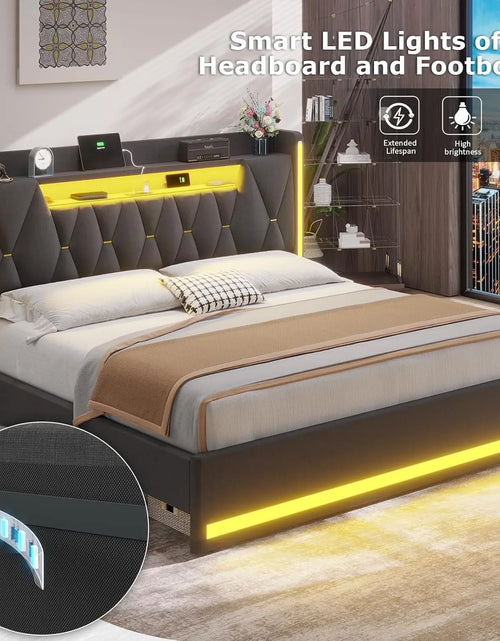 Load image into Gallery viewer, King Size Bed Frame With LED Lights &amp; Charging Station, LED King Bed With Hidden Space And 2-Tier Shelves,, Customized
