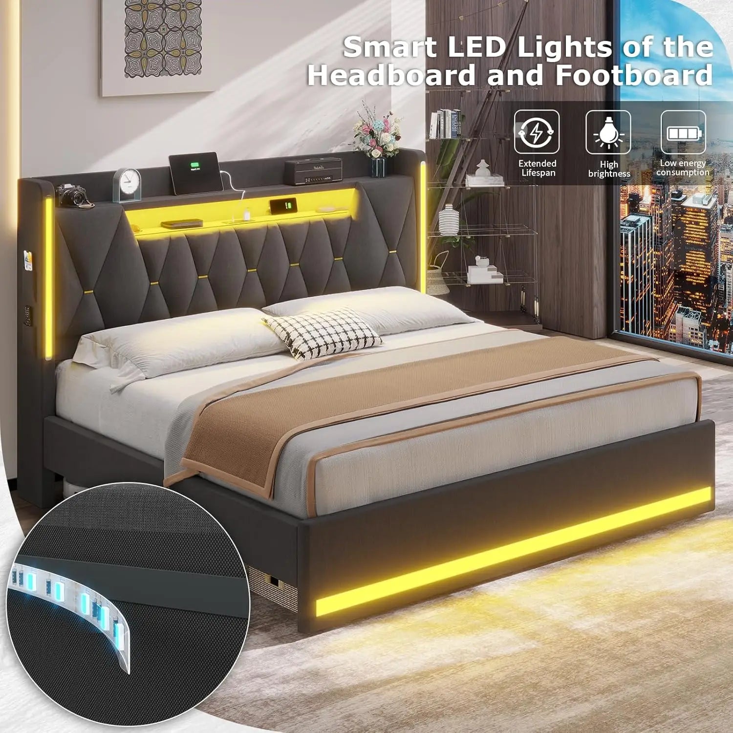 King Size Bed Frame With LED Lights & Charging Station, LED King Bed With Hidden Space And 2-Tier Shelves,, Customized