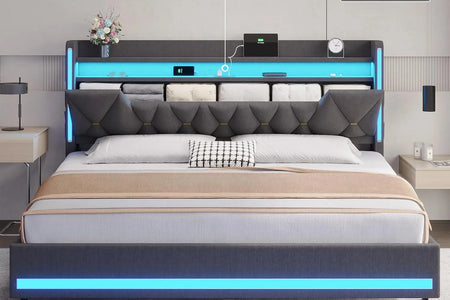 King Size Bed Frame With LED Lights & Charging Station, LED King Bed With Hidden Space And 2-Tier Shelves,, Customized