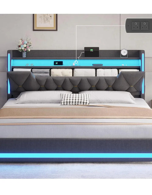 Load image into Gallery viewer, King Size Bed Frame With LED Lights &amp; Charging Station, LED King Bed With Hidden Space And 2-Tier Shelves,, Customized
