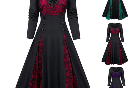 Gothic Dresses Women Long Sleeve Low Cut Lace Splicing Long Dress Dark Punk Court Style Tie Waist Buttons Up A-Line Maxi Dress