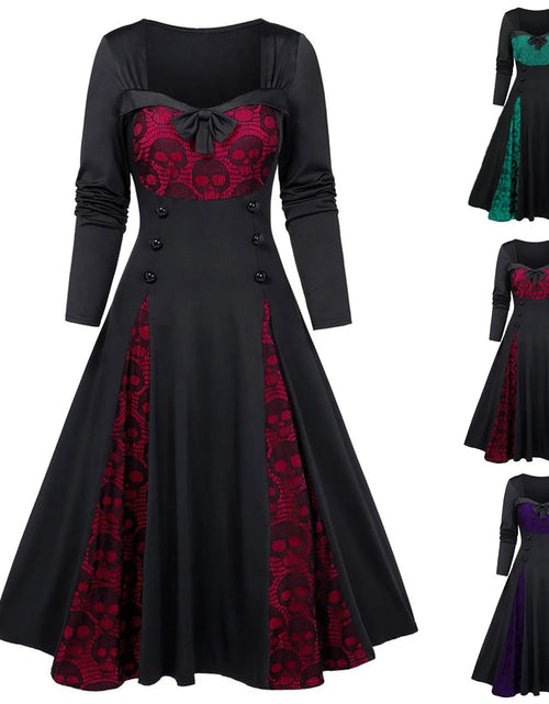 Load image into Gallery viewer, Gothic Dresses Women Long Sleeve Low Cut Lace Splicing Long Dress Dark Punk Court Style Tie Waist Buttons Up A-Line Maxi Dress
