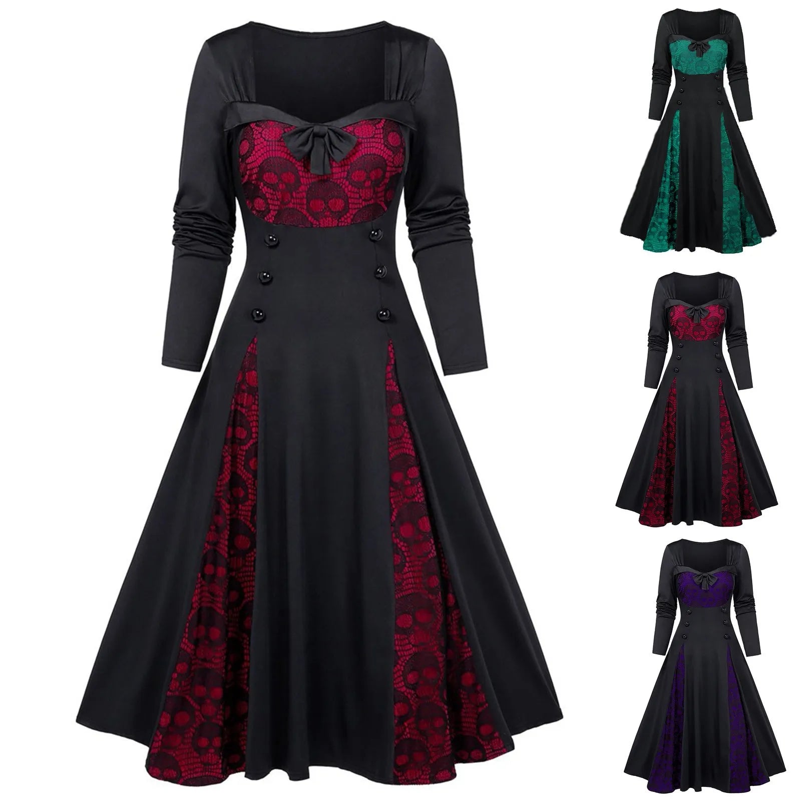Gothic Dresses Women Long Sleeve Low Cut Lace Splicing Long Dress Dark Punk Court Style Tie Waist Buttons Up A-Line Maxi Dress