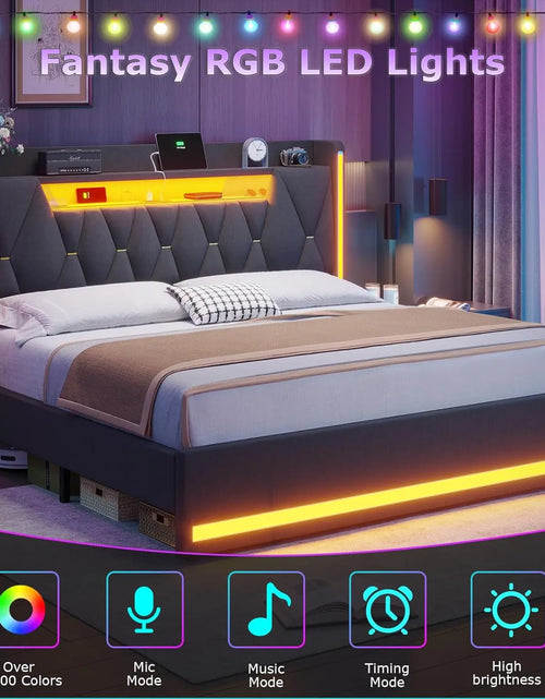 Load image into Gallery viewer, King Size Bed Frame With LED Lights &amp; Charging Station, LED King Bed With Hidden Space And 2-Tier Shelves,, Customized
