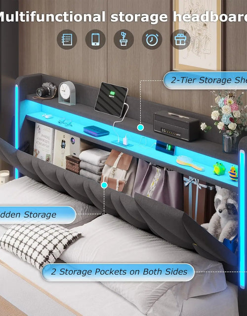 Load image into Gallery viewer, King Size Bed Frame With LED Lights &amp; Charging Station, LED King Bed With Hidden Space And 2-Tier Shelves,, Customized
