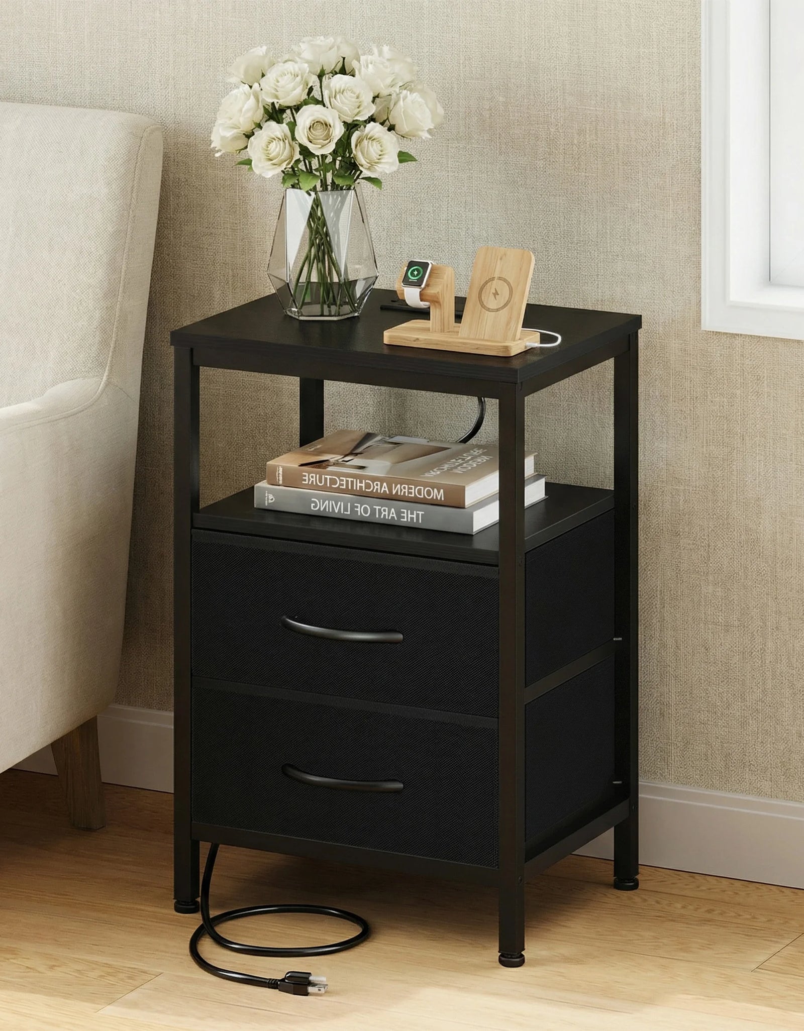 JHK 2 Fabric Drawers Night Stand with Open Shelf Bedside Table with USB Ports Charging Station Storage End Table for Living Room