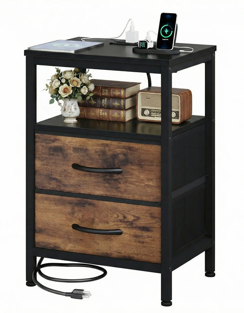 Load image into Gallery viewer, JHK 2 Fabric Drawers Night Stand with Open Shelf Bedside Table with USB Ports Charging Station Storage End Table for Living Room
