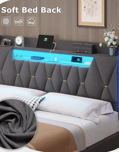 Load image into Gallery viewer, King Size Bed Frame With LED Lights &amp; Charging Station, LED King Bed With Hidden Space And 2-Tier Shelves,, Customized

