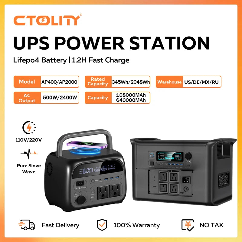 CTOLITY AP400 500W 2400W Portable Power Station 345Wh 2048Wh Charging Station 110V LiFePo4 Battery AC Energy Storage Camping RV