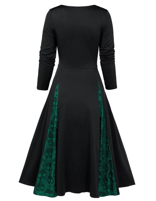 Load image into Gallery viewer, Gothic Dresses Women Long Sleeve Low Cut Lace Splicing Long Dress Dark Punk Court Style Tie Waist Buttons Up A-Line Maxi Dress
