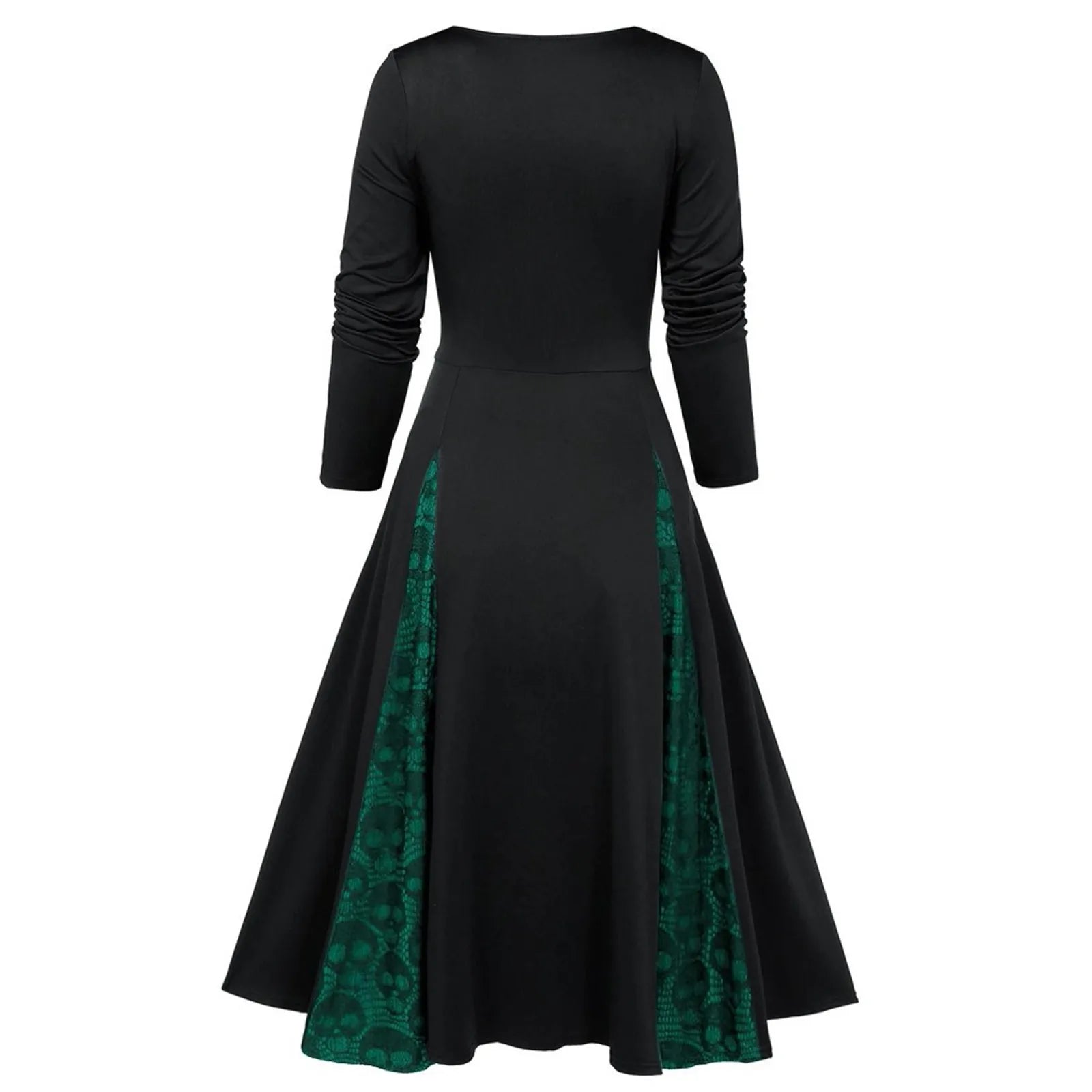 Gothic Dresses Women Long Sleeve Low Cut Lace Splicing Long Dress Dark Punk Court Style Tie Waist Buttons Up A-Line Maxi Dress
