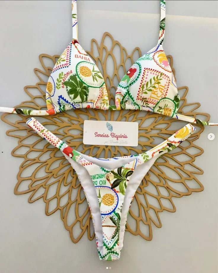 Print Sexy Bikini Sets Halter Lace-up Tops Thongs Beach Style Bathing Suit Y2k Swimsuits Women Beachwear Купальник Женский 2025
