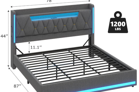 King Size Bed Frame With LED Lights & Charging Station, LED King Bed With Hidden Space And 2-Tier Shelves,, Customized