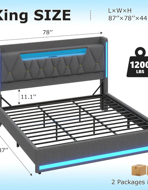 Load image into Gallery viewer, King Size Bed Frame With LED Lights &amp; Charging Station, LED King Bed With Hidden Space And 2-Tier Shelves,, Customized

