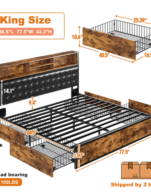 Load image into Gallery viewer, EnHomee Full/Queen/King Bed Frame with Charging Station and 4 Storage Drawers Platform Bed Frame with Upholstered Headboard No Noise
