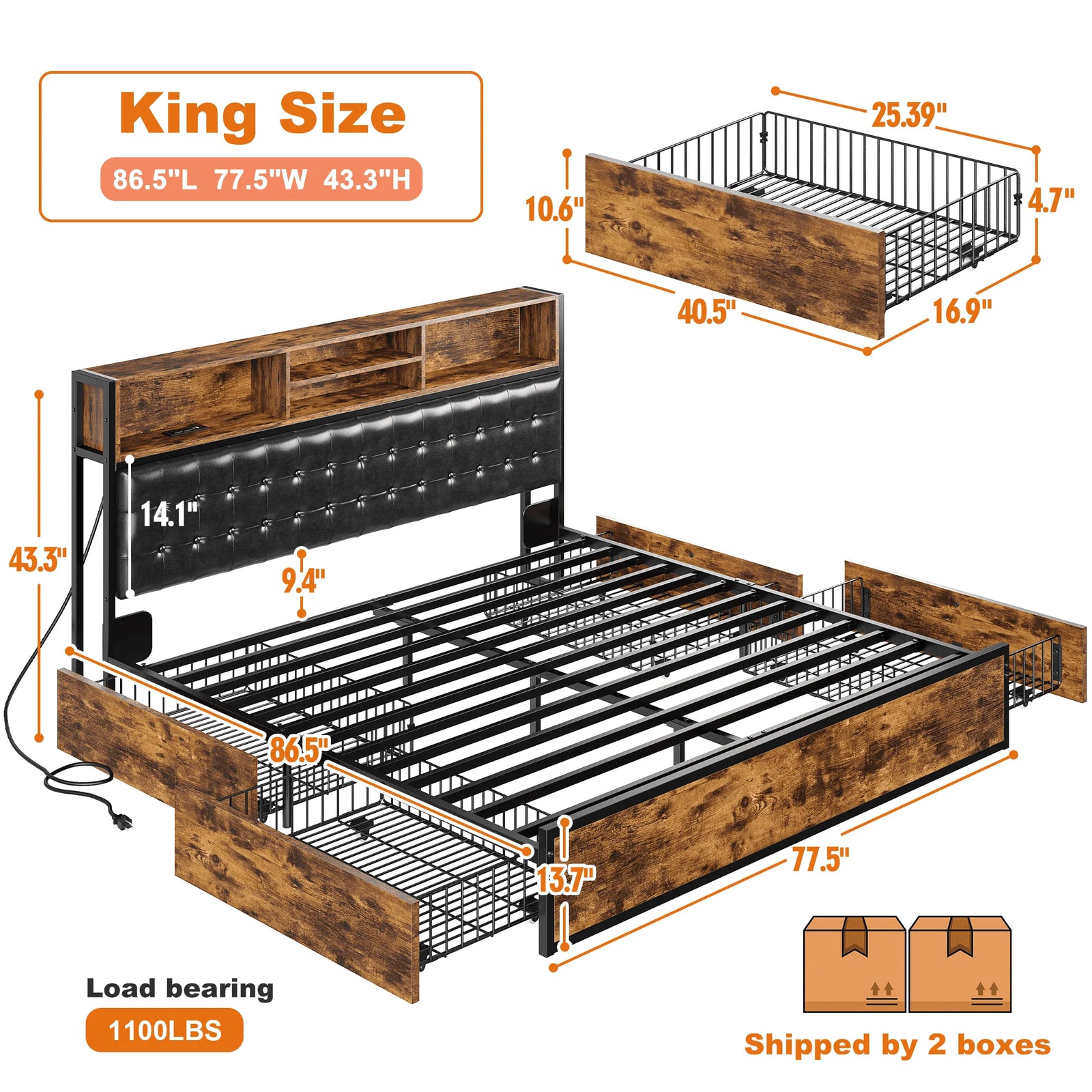 EnHomee Full/Queen/King Bed Frame with Charging Station and 4 Storage Drawers Platform Bed Frame with Upholstered Headboard No Noise