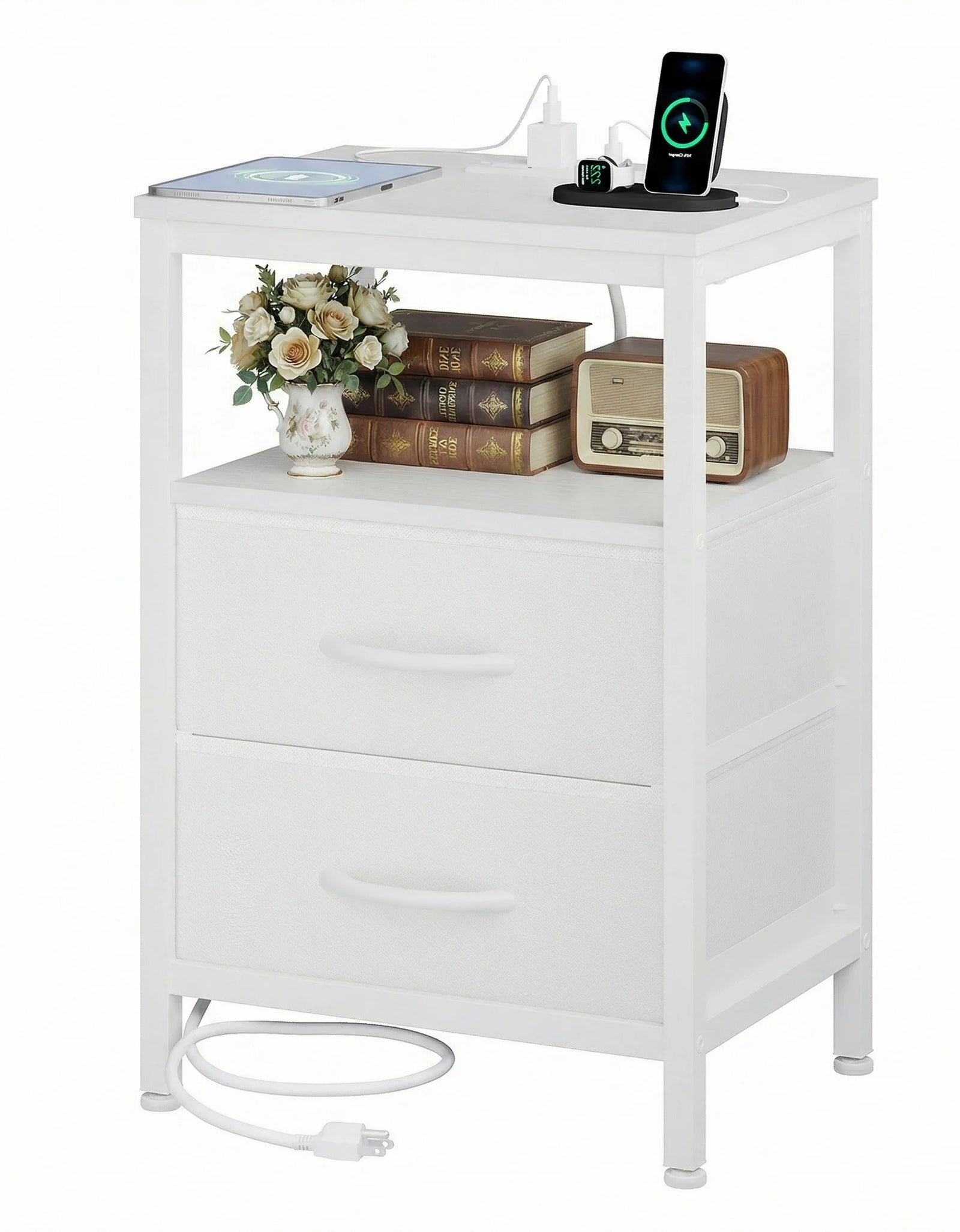 JHK 2 Fabric Drawers Night Stand with Open Shelf Bedside Table with USB Ports Charging Station Storage End Table for Living Room