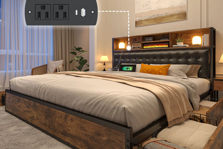 EnHomee Full/Queen/King Bed Frame with Charging Station and 4 Storage Drawers Platform Bed Frame with Upholstered Headboard No Noise