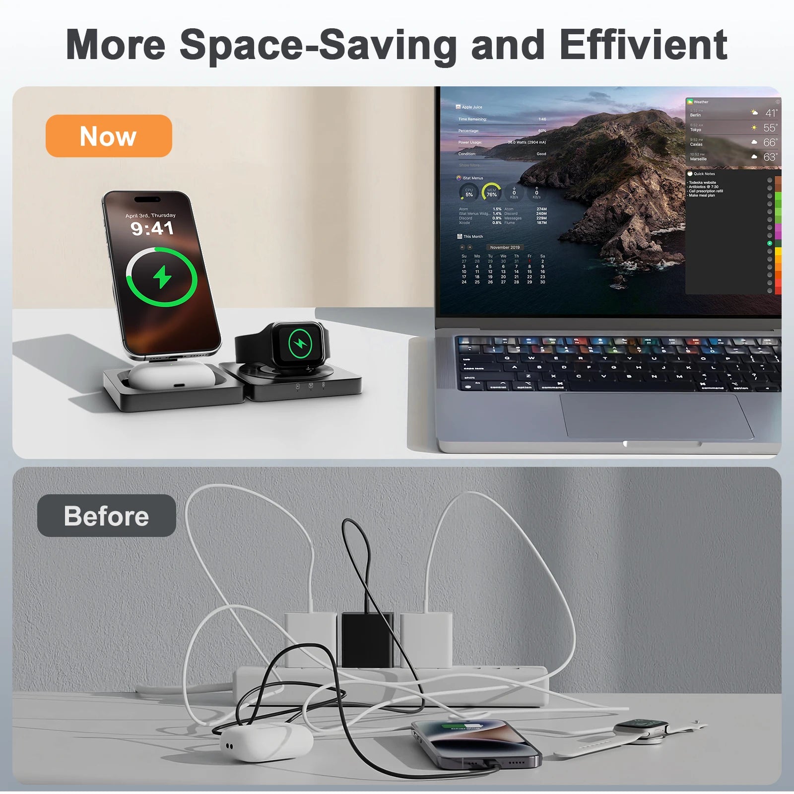 Magnetic Wireless Charger 3-in-1 Folding Fast Charging Station Foldable Travel for Magsafe  iPhone 17/16/15/14/13 Watch Airpods